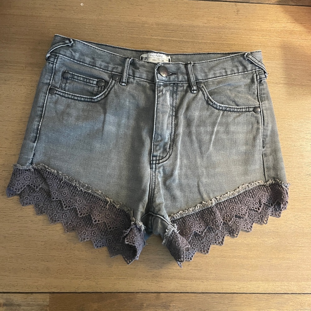 Free People Grey Denim Shorts with Crochet Hem